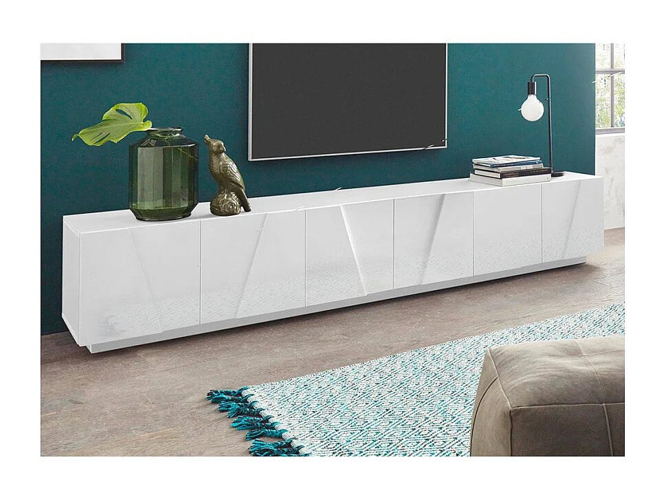 Meuble TV de salon moderne avec 6 portes et 3 placards Ping Low XL White