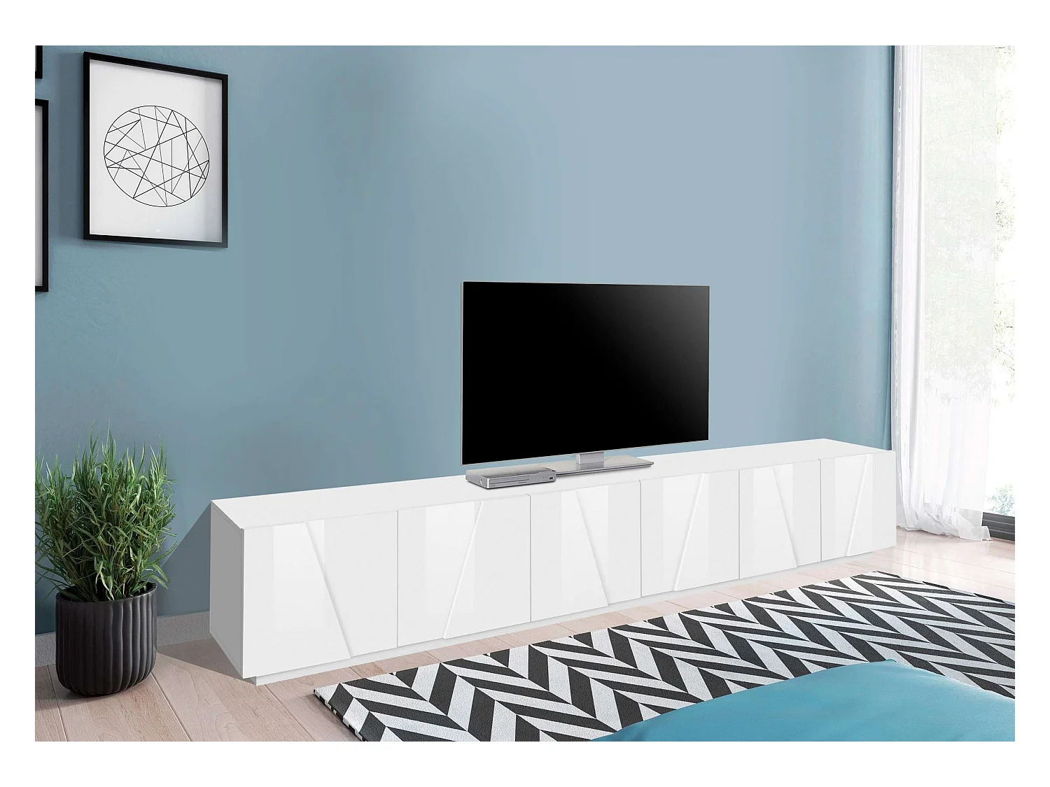 Mueble de TV moderno para salón con 6 puertas y 3 estantes Ping Low XL White