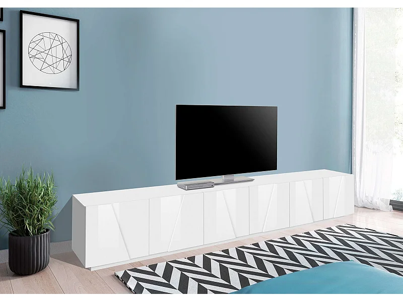 Mueble de TV moderno para salón con 6 puertas y 3 estantes Ping Low XL White