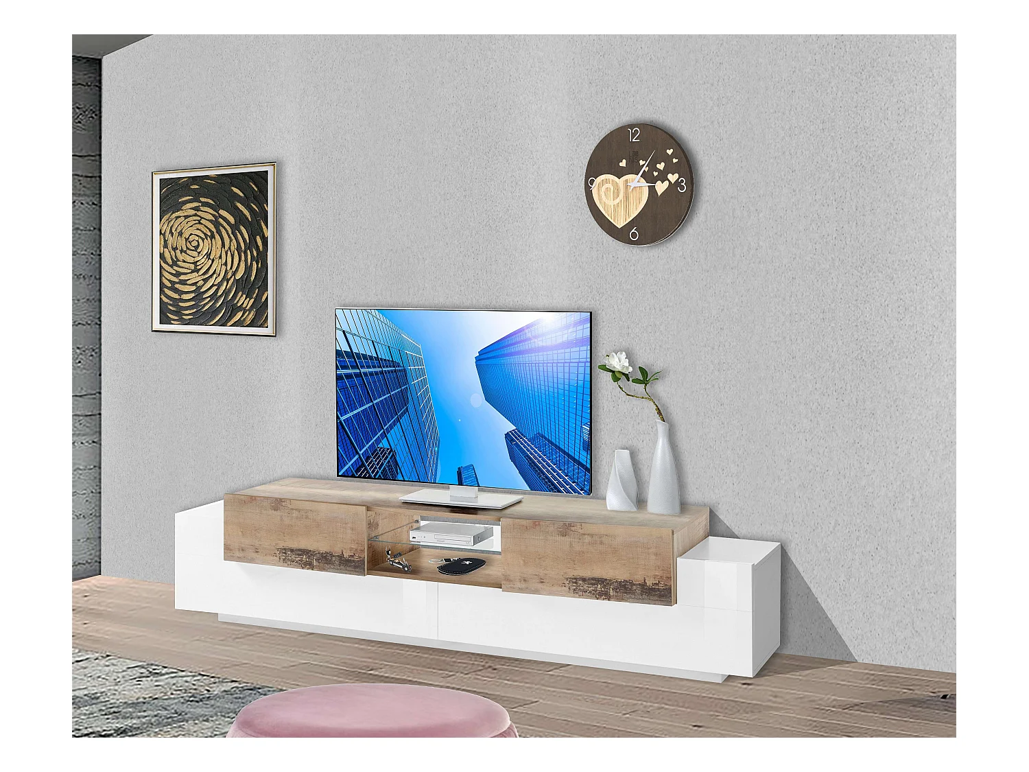 Meuble TV de salon 220cm 3 portes blanc et bois New Coro Low L
