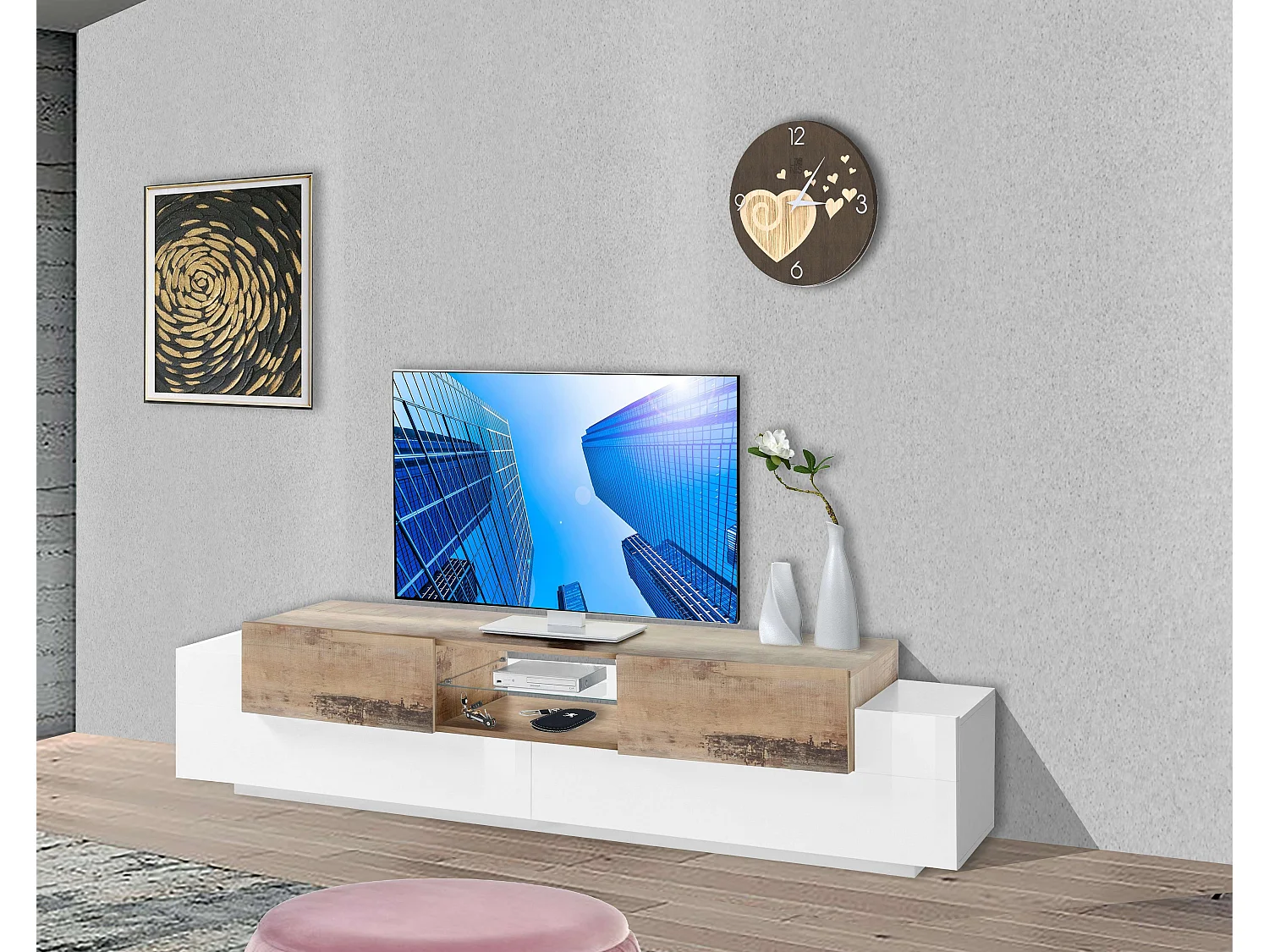 Meuble TV de salon 220cm 3 portes blanc et bois New Coro Low L