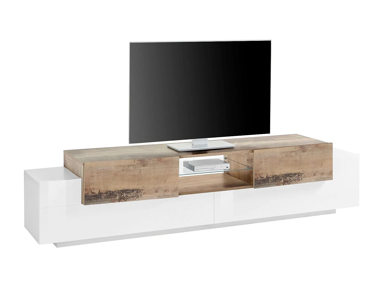 Meuble TV de salon 220cm 3 portes blanc et bois New Coro Low L