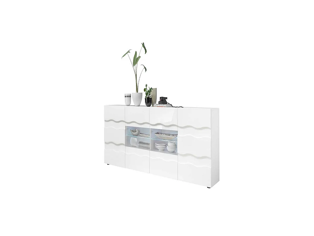 Buffet 2 portes 4 tiroirs relief blanc laqué brillant - OCEAN
