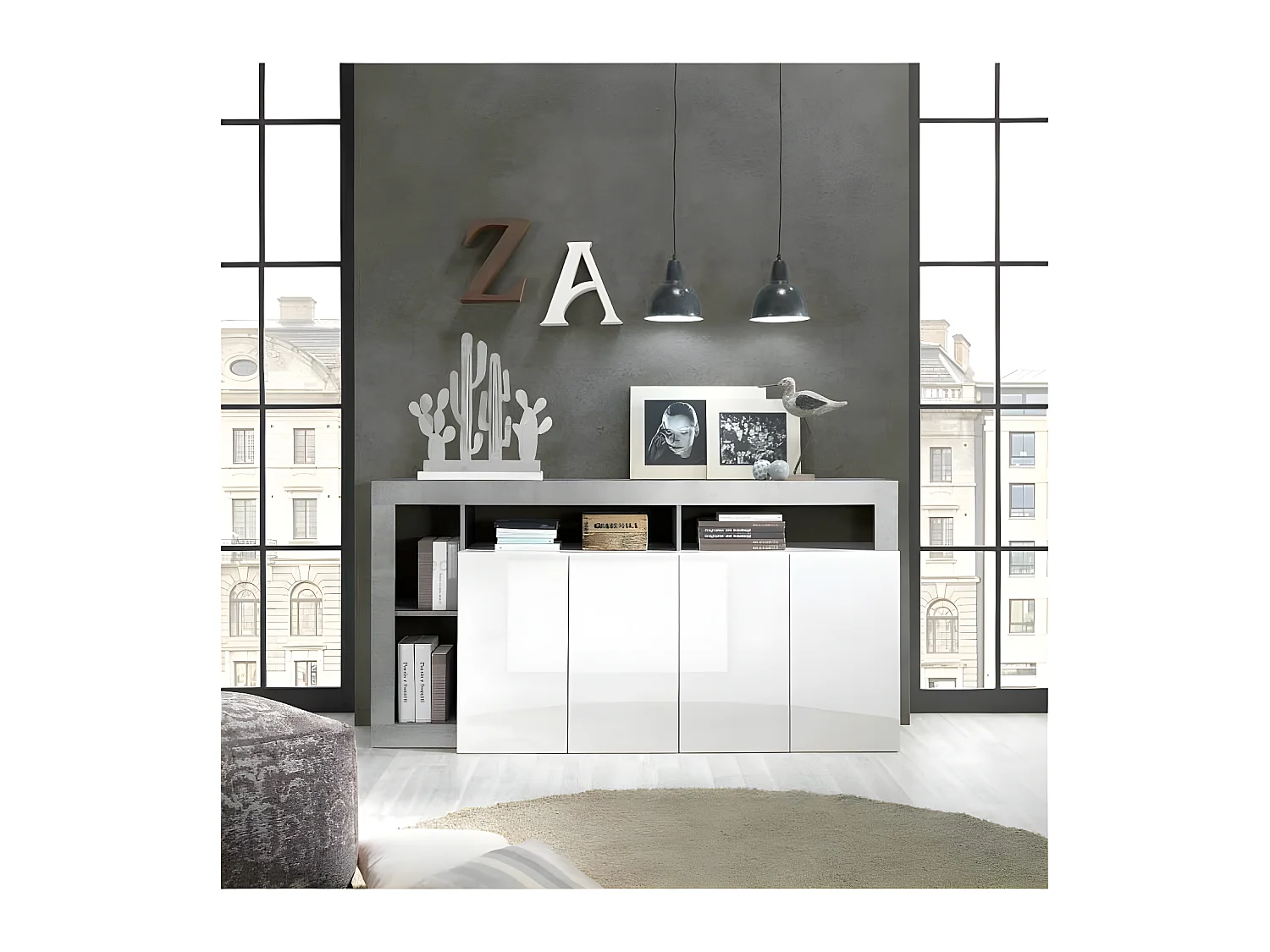 Buffet 4 portes Blanc laqué brillant/Béton ciré clair - ISCHIA