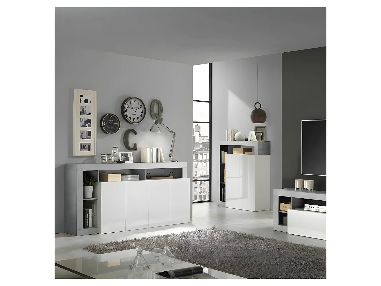 Buffet 4 portes Blanc laqué brillant/Béton ciré clair - ISCHIA