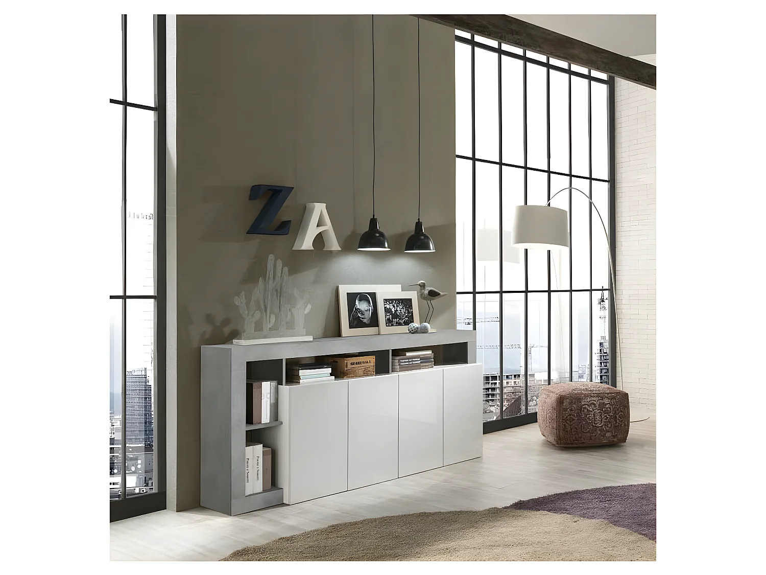 Buffet 4 portes Blanc laqué brillant/Béton ciré clair - ISCHIA