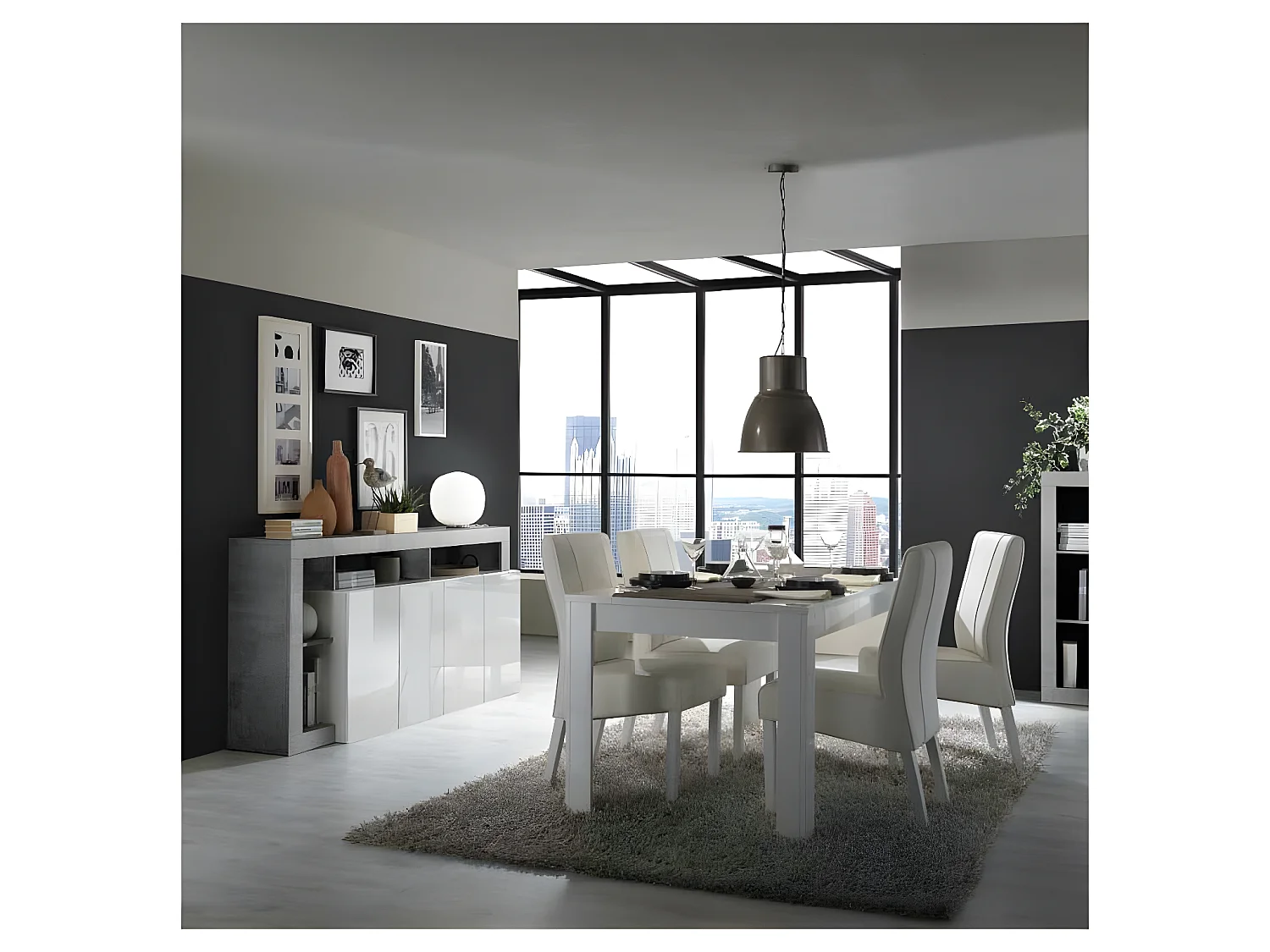 Buffet 4 portes Blanc laqué brillant/Béton ciré clair - ISCHIA