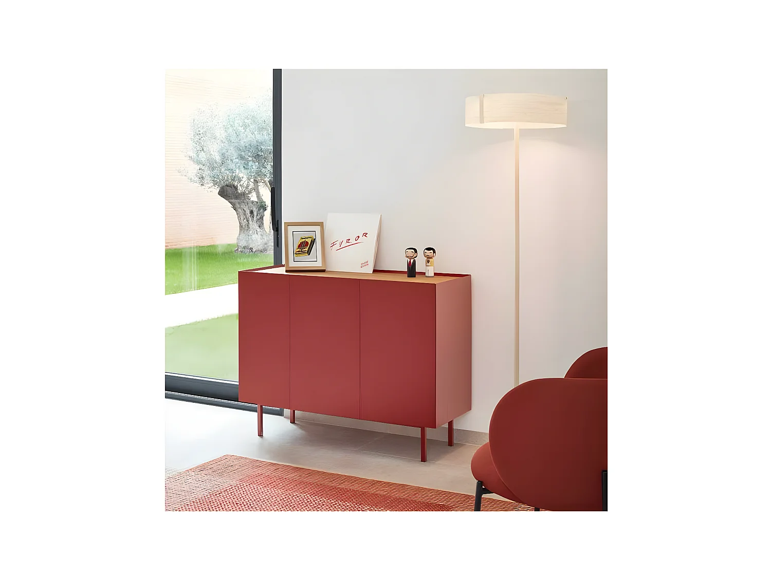 Buffet 3 portes 3 tiroirs Rouge/Chêne - TEULAT ARISTA