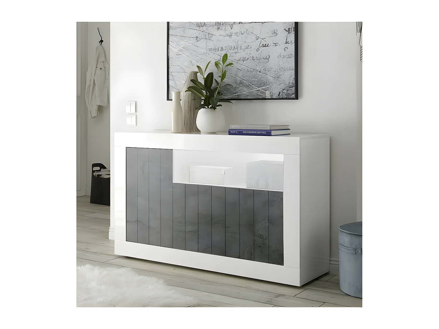 Buffet 3 portes 1 niche Blanc/Béton ciré foncé - LUBIO