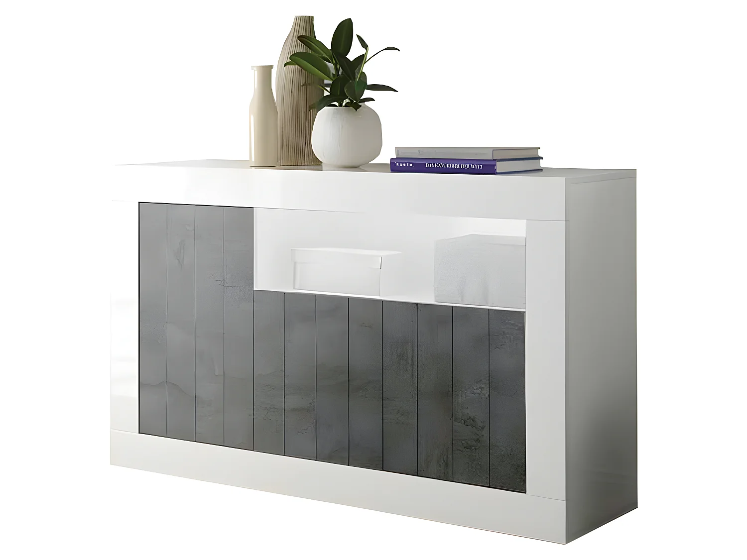 Buffet 3 portes 1 niche Blanc/Béton ciré foncé - LUBIO