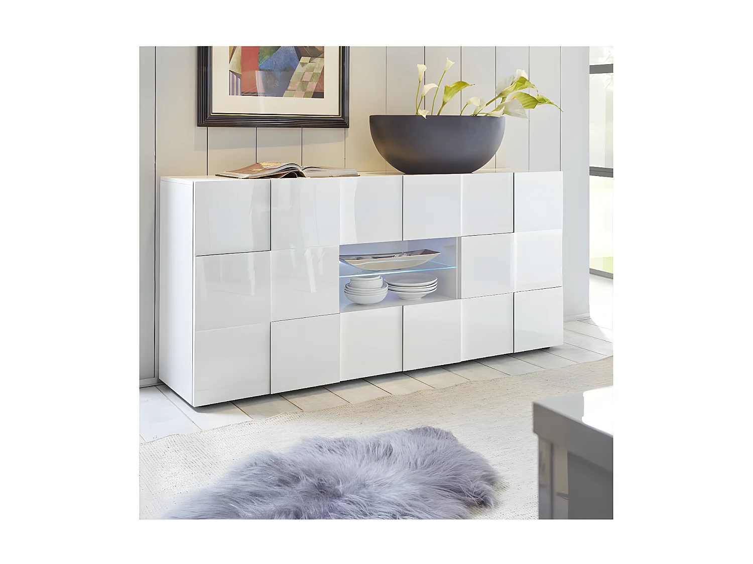 Buffet 2 portes 2 tiroirs Laqué Blanc brillant LED's - TICATO