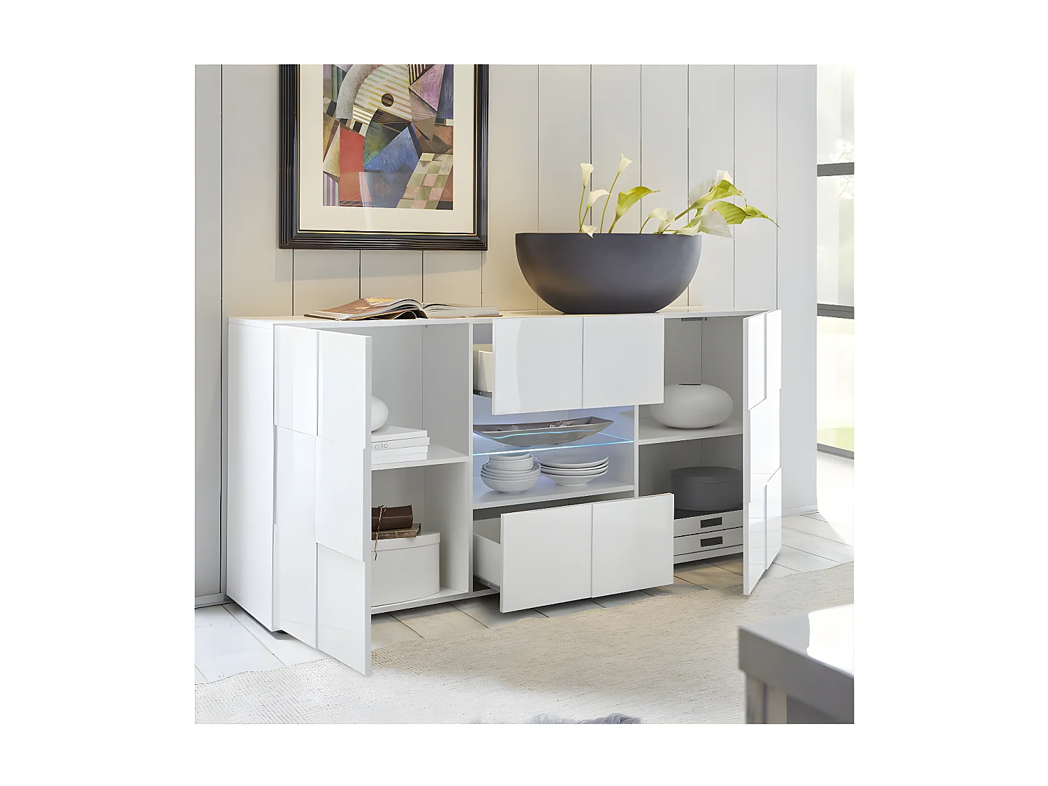Buffet 2 portes 2 tiroirs Laqué Blanc brillant LED's - TICATO