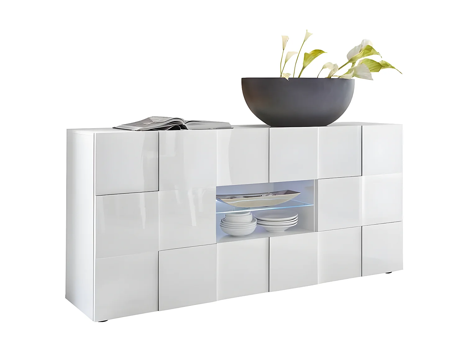 Buffet 2 portes 2 tiroirs Laqué Blanc brillant LED's - TICATO