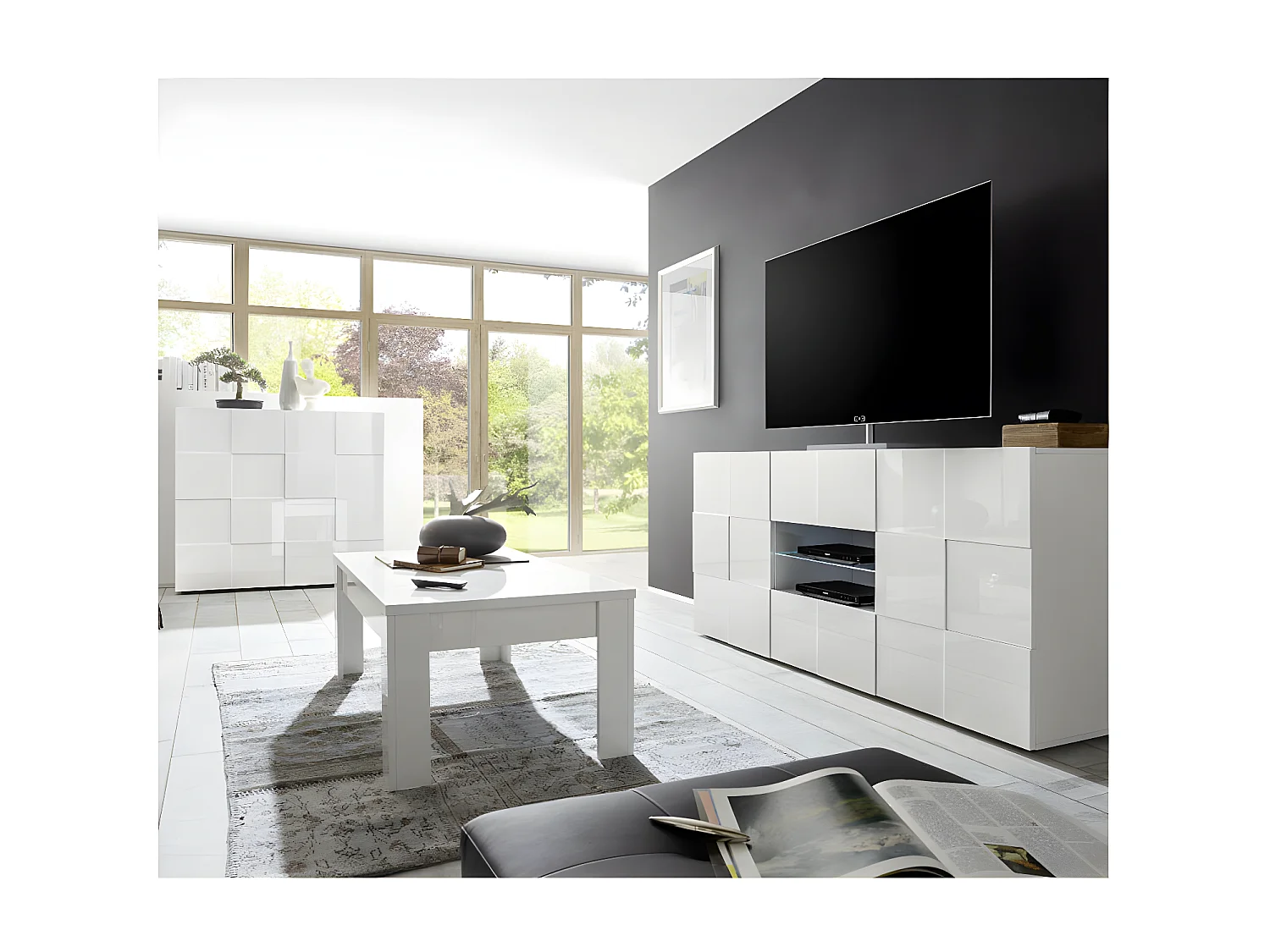 Buffet 2 portes 2 tiroirs Laqué Blanc brillant LED's - TICATO