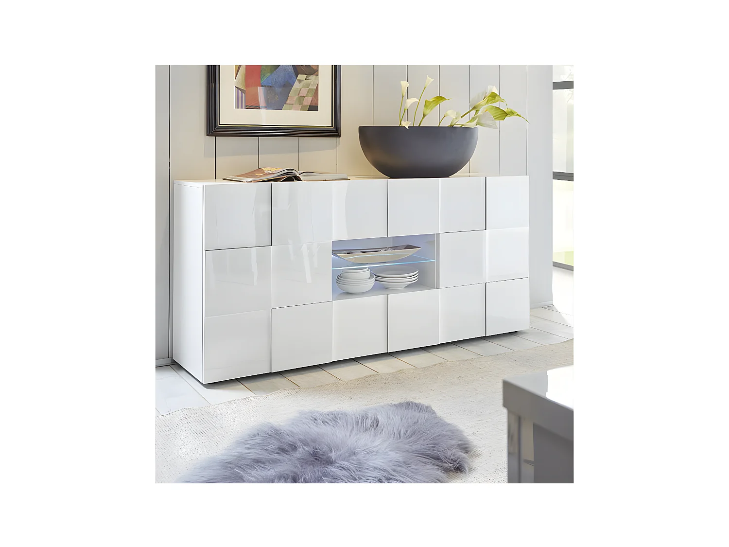 Buffet 2 portes 2 tiroirs Laqué Blanc brillant LED's - TICATO