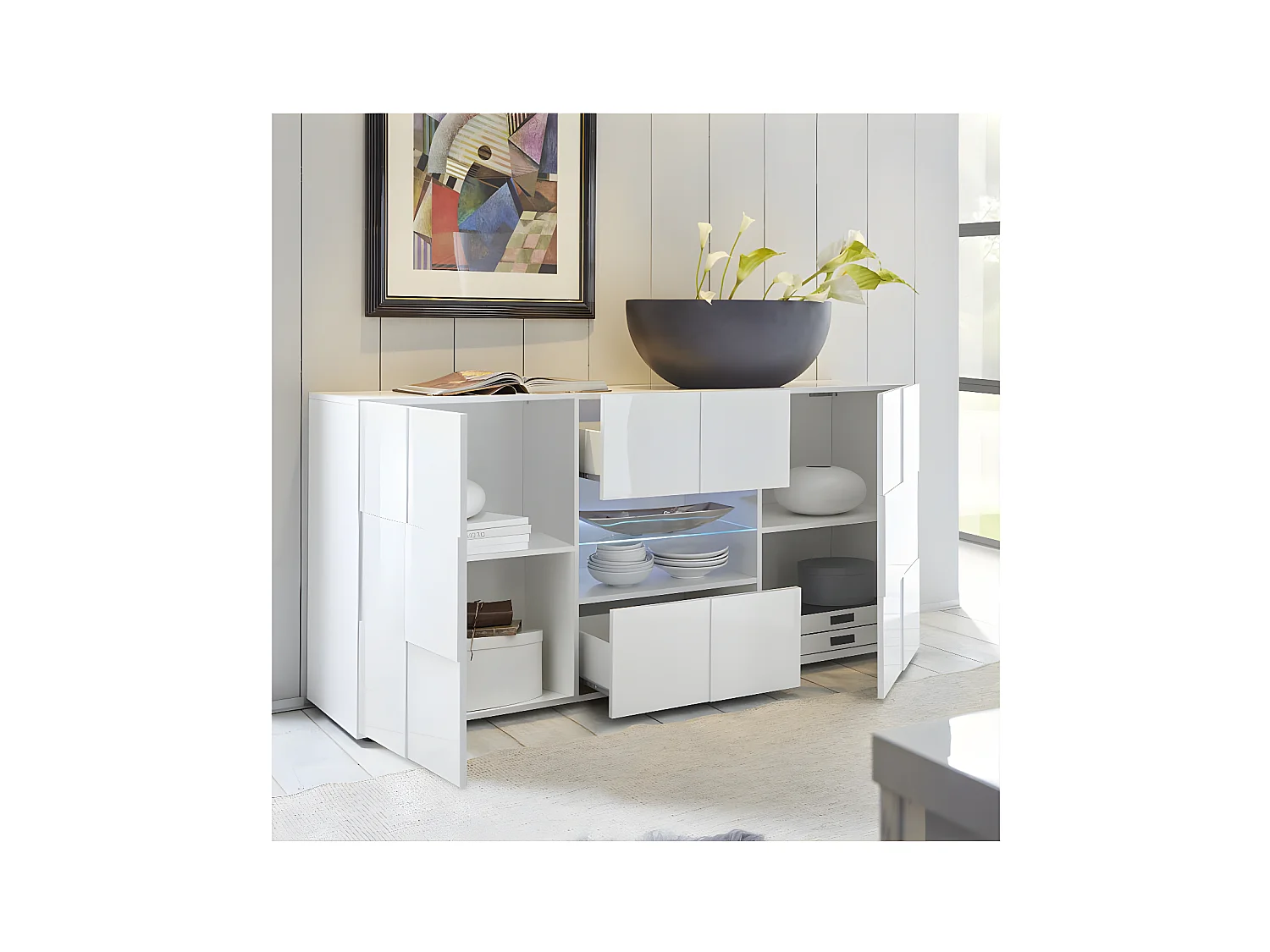 Buffet 2 portes 2 tiroirs Laqué Blanc brillant LED's - TICATO