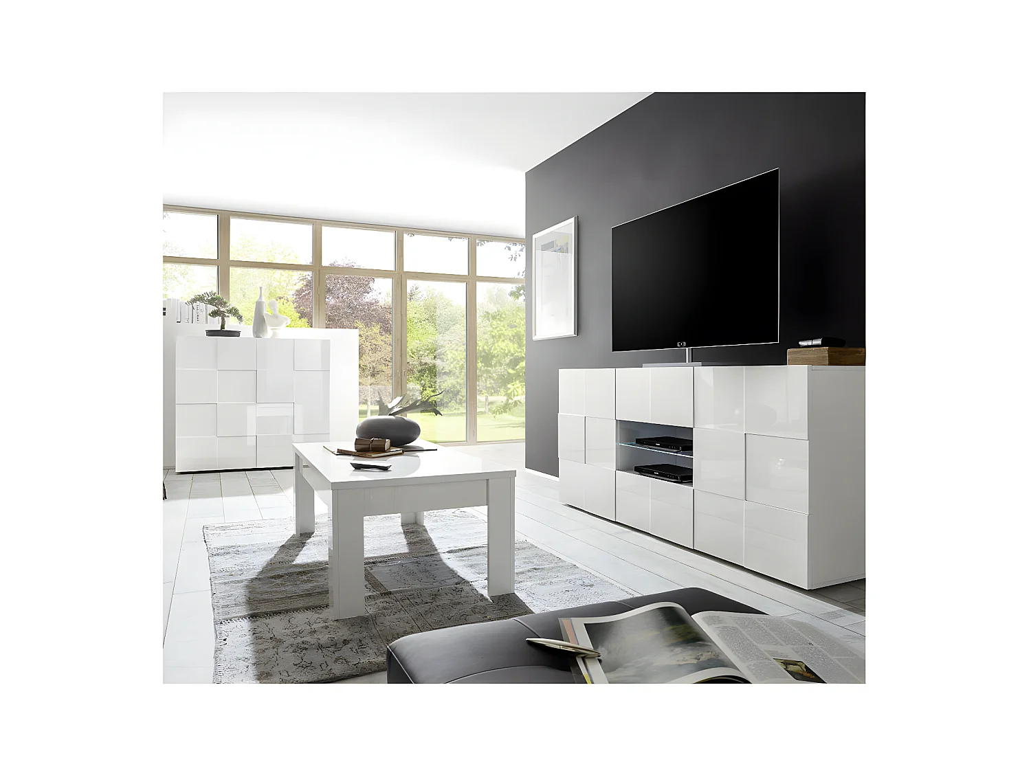 Buffet 2 portes 2 tiroirs Laqué Blanc brillant LED's - TICATO