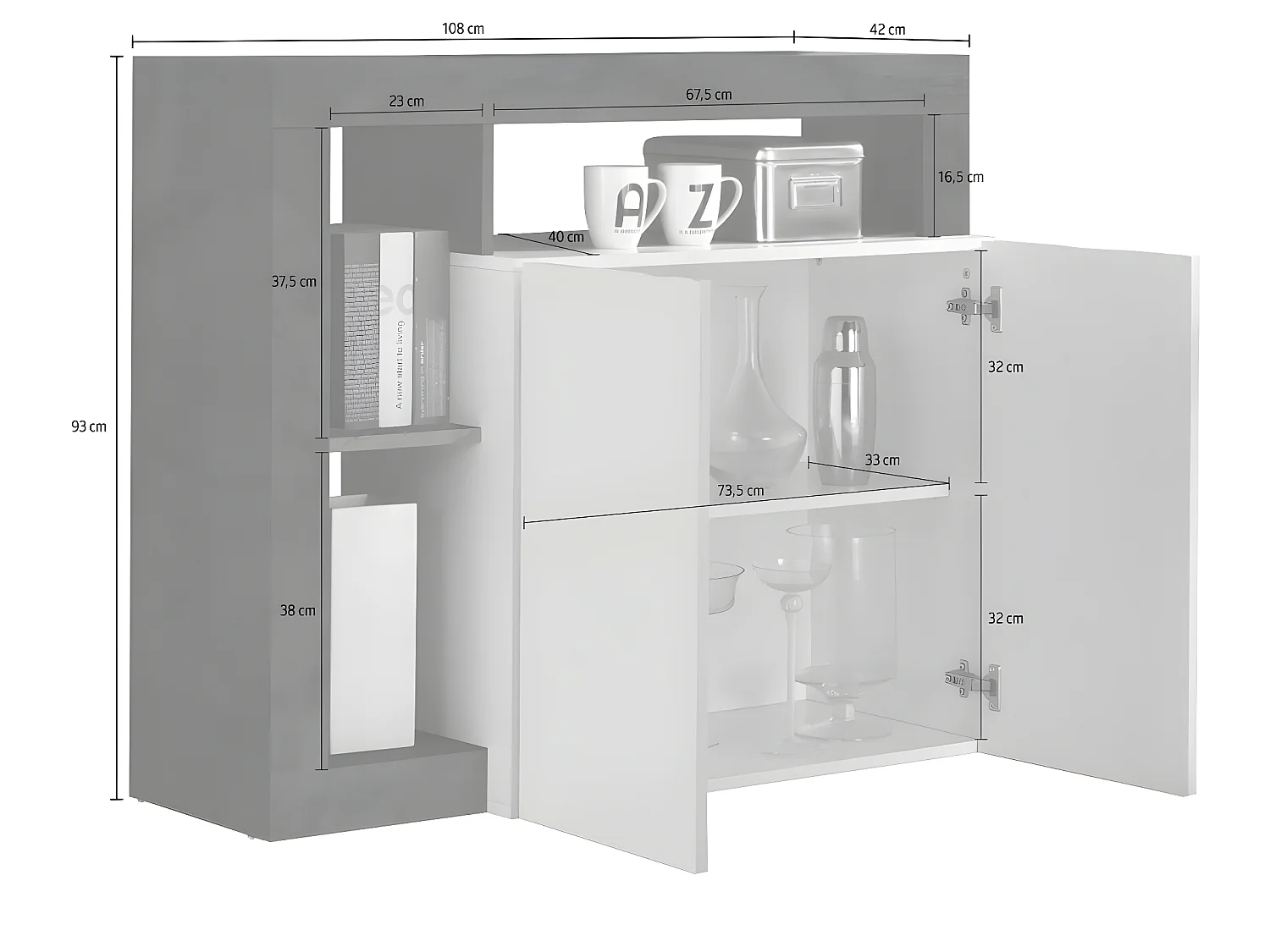 Buffet 2 portes Blanc laqué brillant/Béton ciré clair - ISCHIA