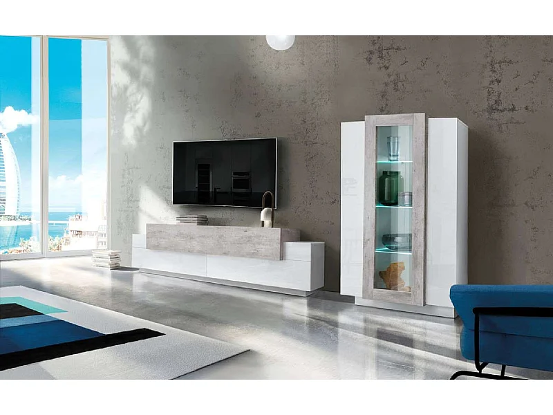 Parete attrezzata soggiorno bianco grigio mobile porta TV vetrina Corona