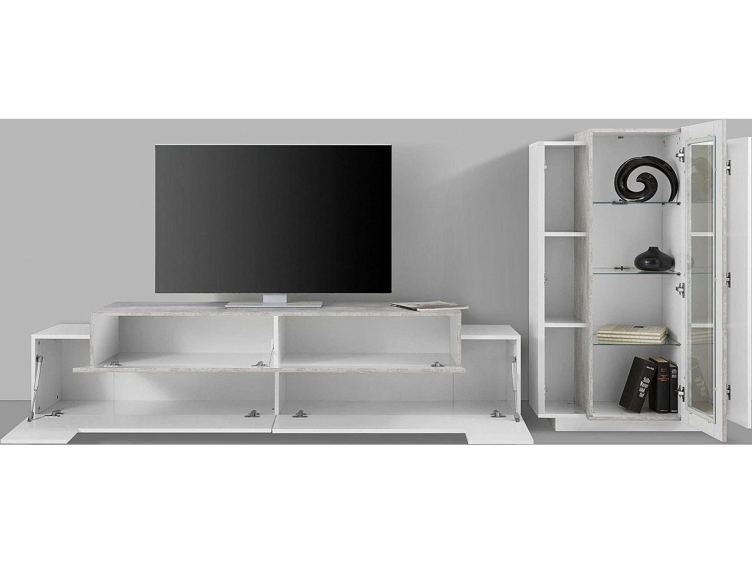 Mueble de pared para salón con mueble de TV y vitrina blanco gris Corona