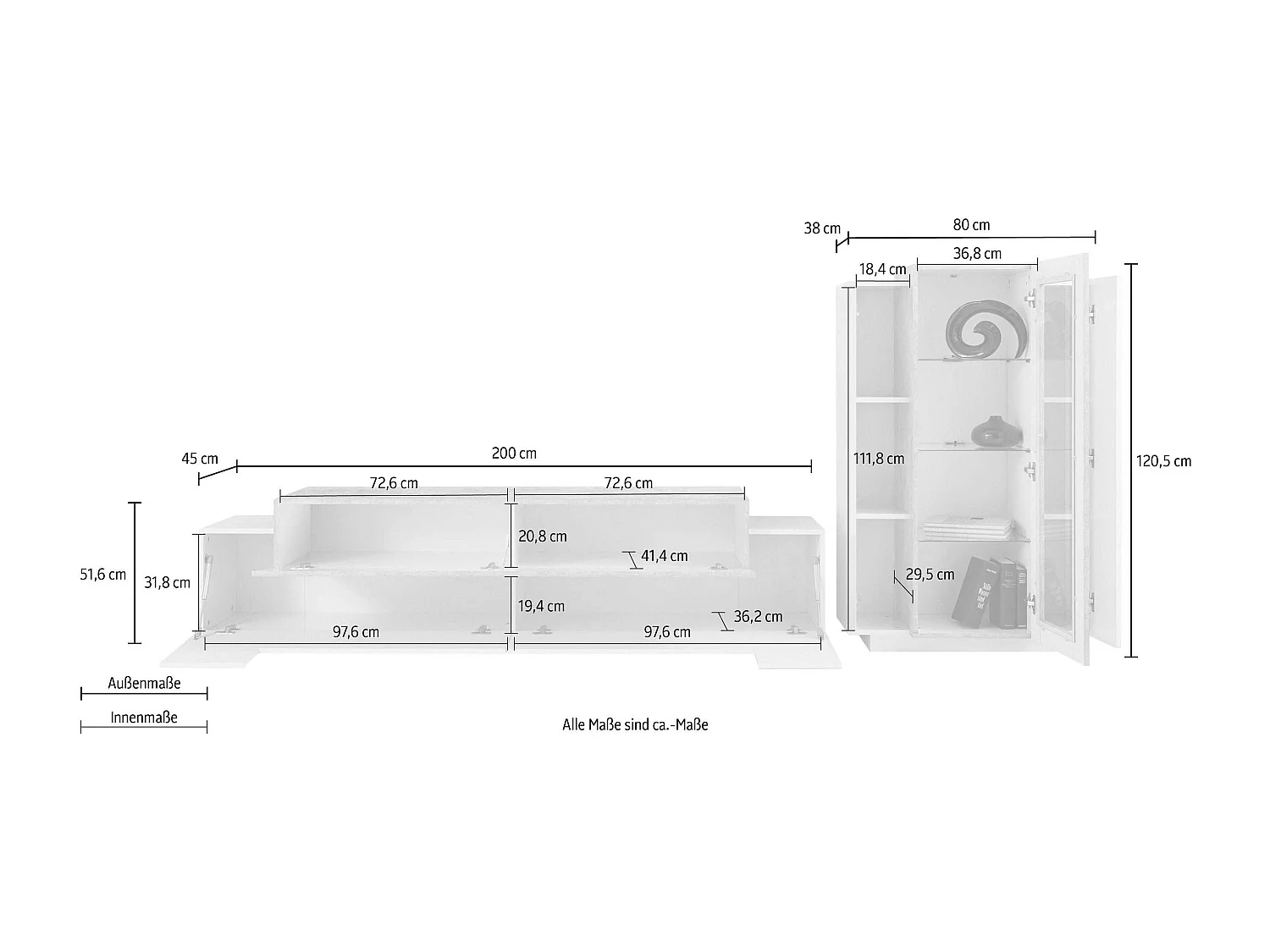 Mueble de pared para salón con mueble de TV y vitrina blanco gris Corona