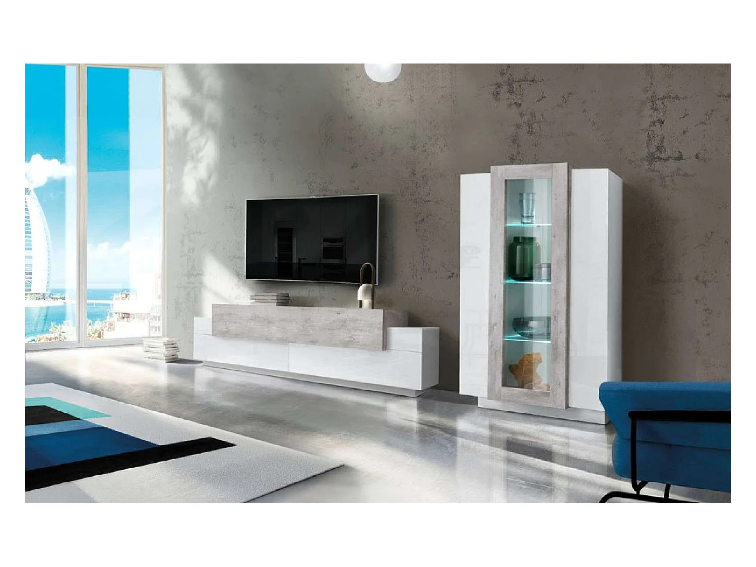 Parete attrezzata soggiorno bianco grigio mobile porta TV vetrina Corona