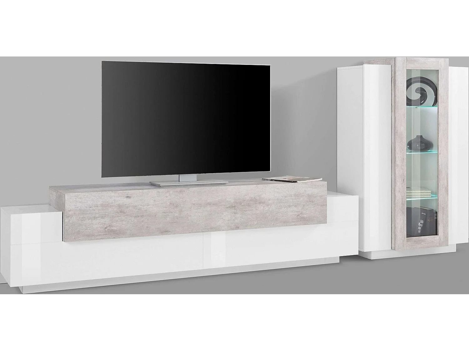 Mueble de pared para salón con mueble de TV y vitrina blanco gris Corona