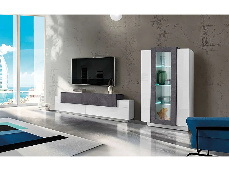 Parete attrezzata soggiorno moderna bianco ardesia mobile porta TV vetrina Corona