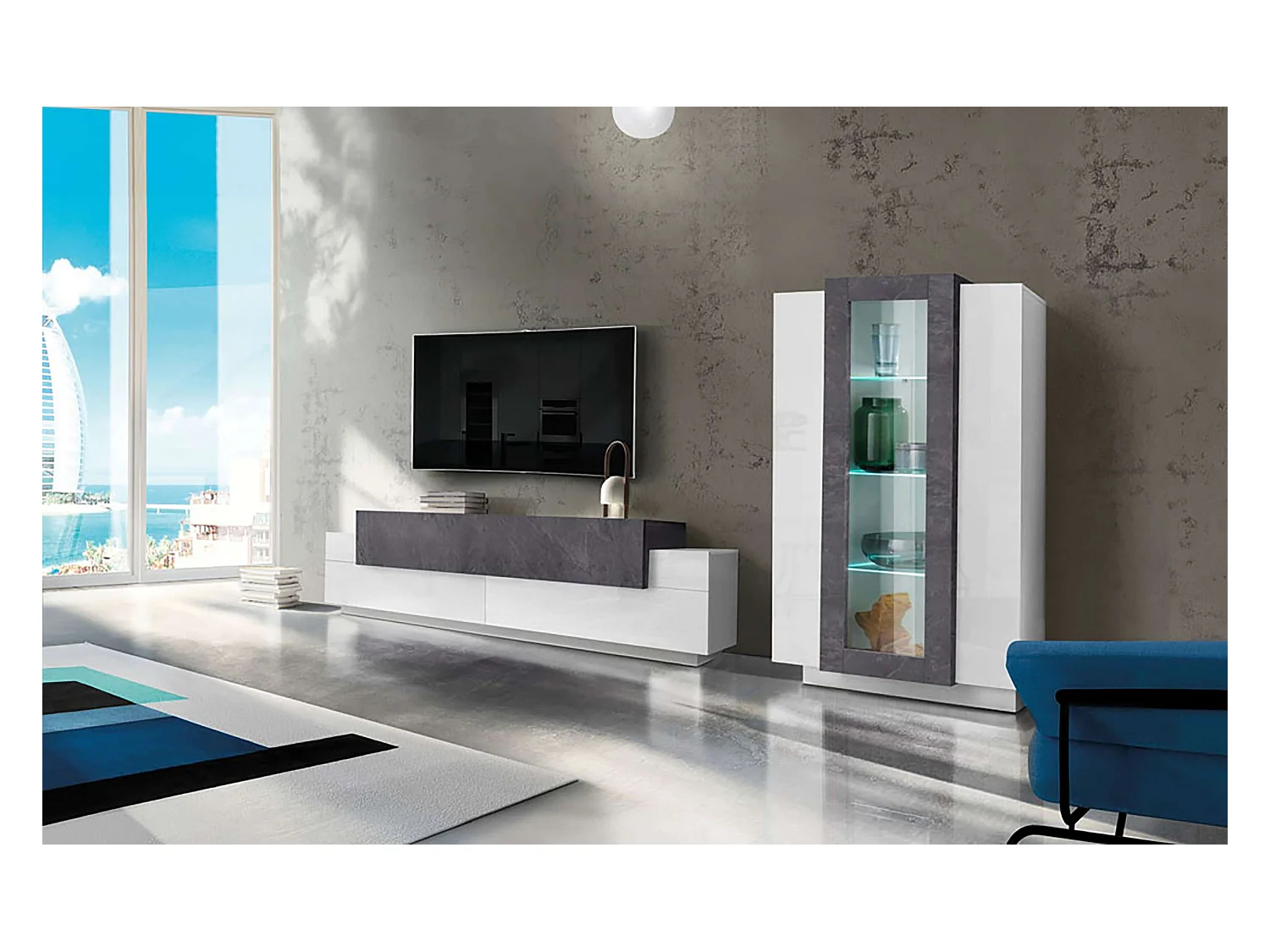 Parete attrezzata soggiorno moderna bianco ardesia mobile porta TV vetrina Corona