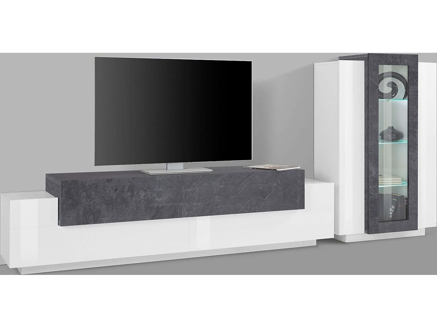 Mueble de pared para salón con mueble de TV y vitrina blanco pizarra Corona