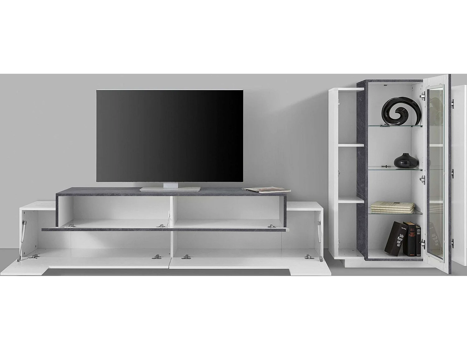 Mueble de pared para salón con mueble de TV y vitrina blanco pizarra Corona