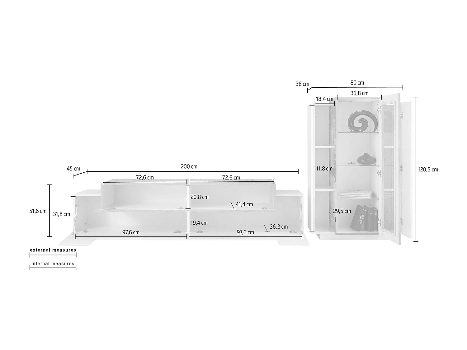 Mueble de pared para salón con mueble de TV y vitrina blanco madera Corona