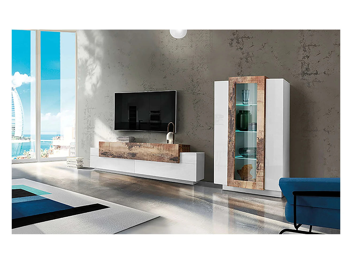Parete attrezzata moderna soggiorno porta TV vetrina bianco legno Corona