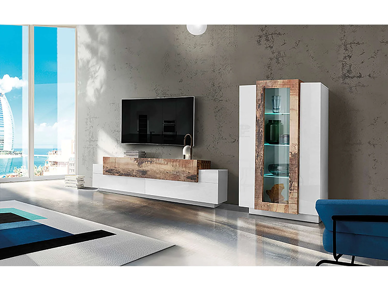 Moderne Wohnwand, TV-Schrank und Vitrine in Weiß und Holz Corona