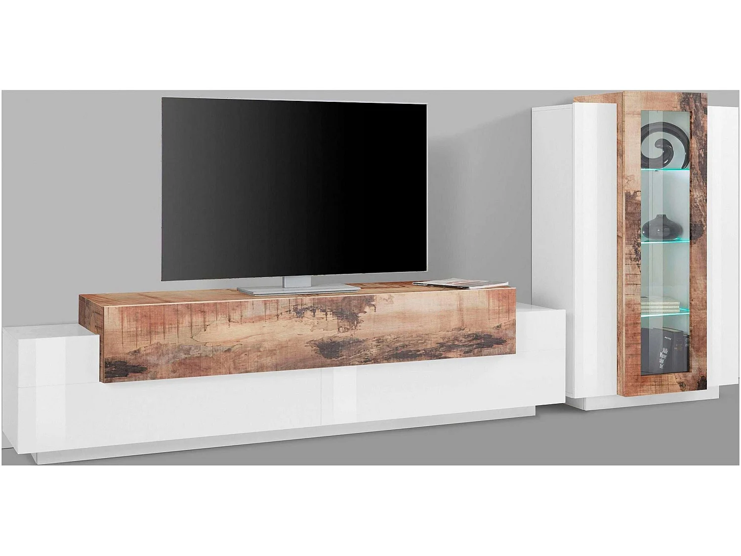 Moderne Wohnwand, TV-Schrank und Vitrine in Weiß und Holz Corona