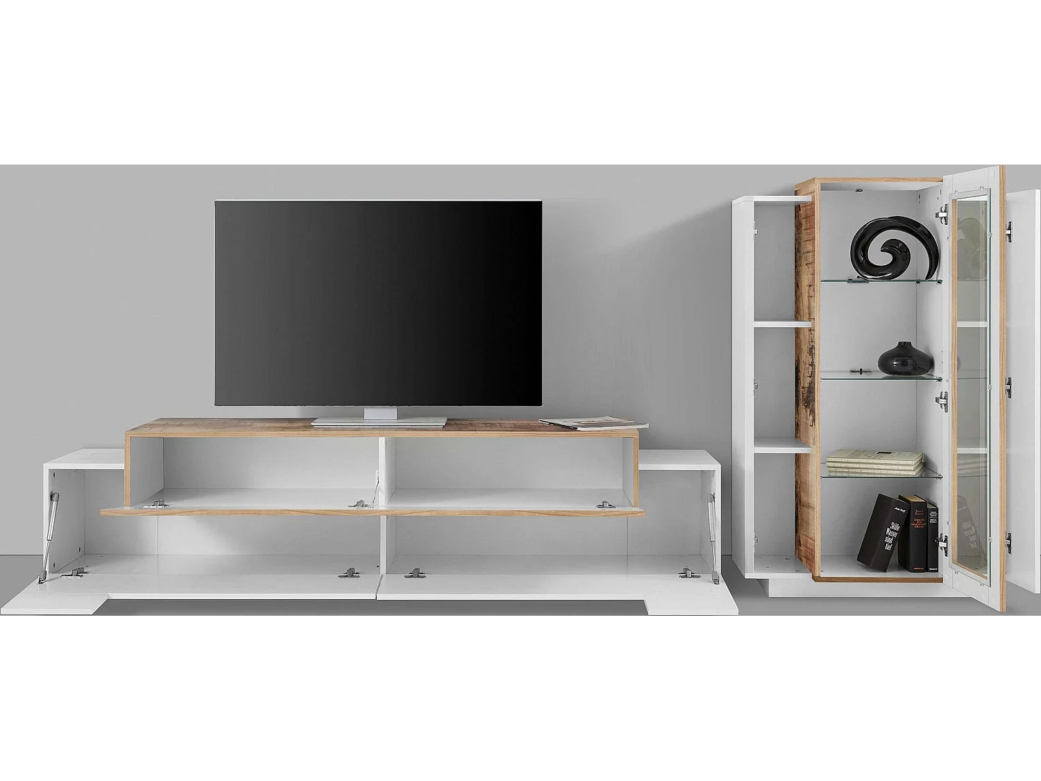 Moderne Wohnwand, TV-Schrank und Vitrine in Weiß und Holz Corona
