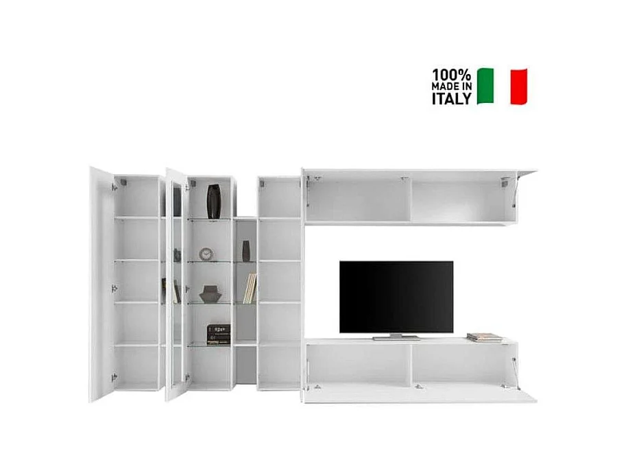 Parete attrezzata bianco lucido mobile TV vetrina 2 colonne pensile Joy Wide