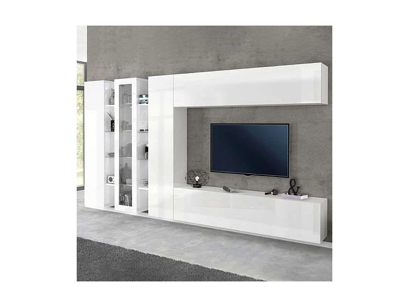 Mur de salon équipé meuble TV blanc brillant 2 colonnes vitrine Joy Wide
