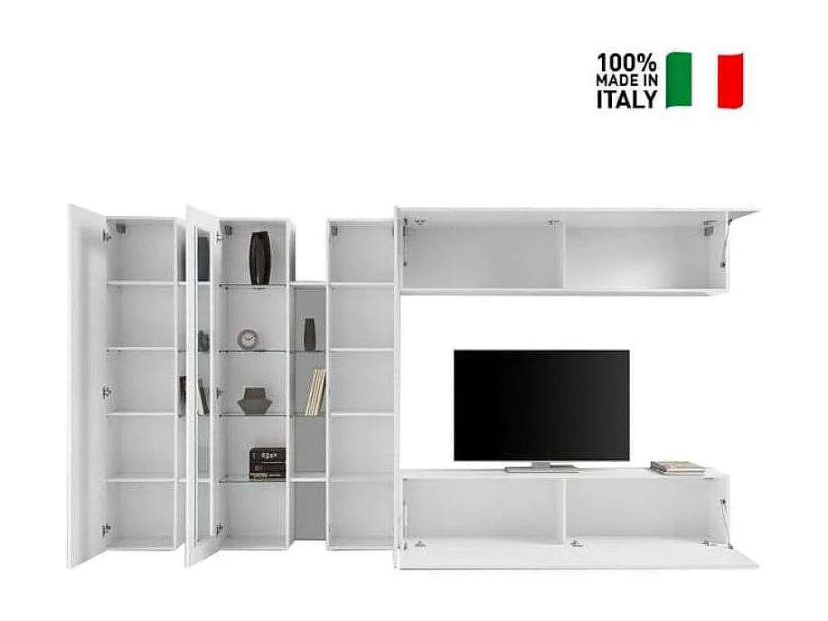 Parete attrezzata bianco lucido mobile TV vetrina 2 colonne pensile Joy Wide