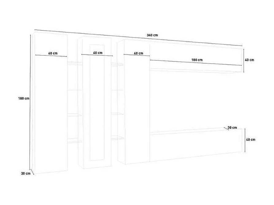 Parete attrezzata bianco lucido mobile TV vetrina 2 colonne pensile Joy Wide