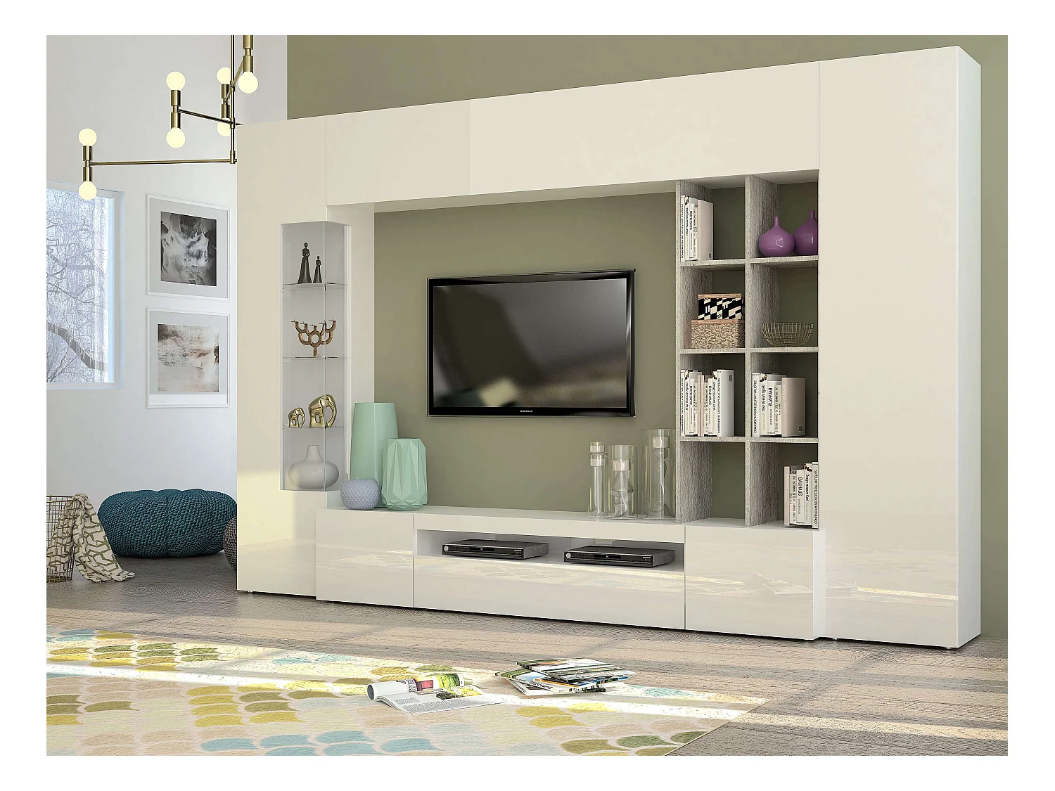 Parete attrezzata con porta TV pensile vetrina colonna bianco grigio Egypt Report