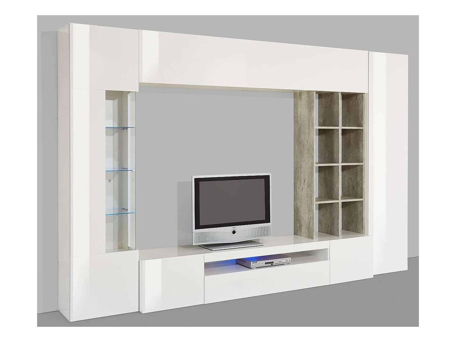 Parete attrezzata con porta TV pensile vetrina colonna bianco grigio Egypt Report