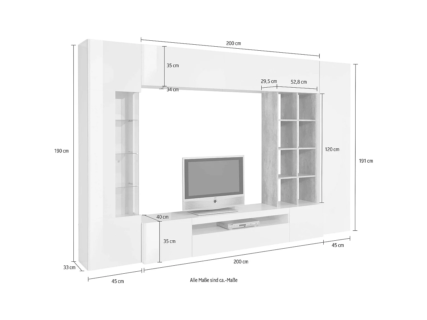 Parete attrezzata con porta TV pensile vetrina colonna bianco grigio Egypt Report