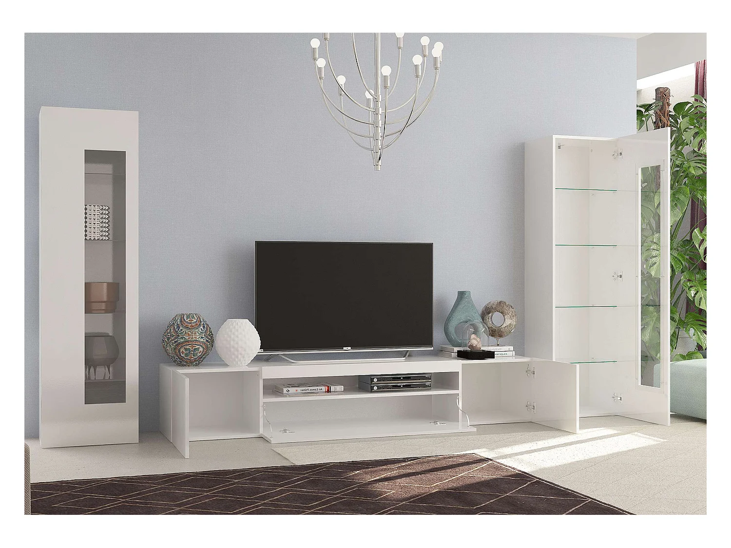 Parete attrezzata soggiorno con porta TV e 2 vetrine bianco lucido Daiquiri