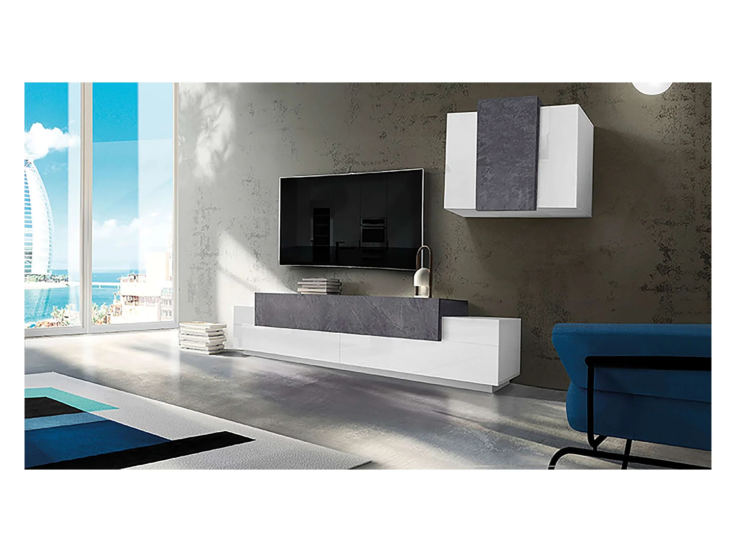 Parete attrezzata soggiorno design moderno pensile bianco antracite Corona Moby Report