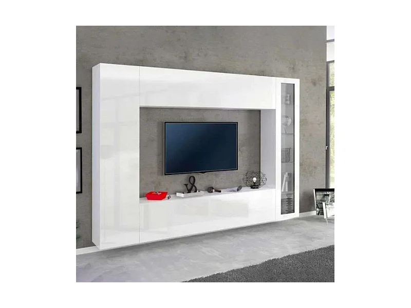 Parete attrezzata bianco lucido porta TV colonna vetrina pensile Joy Ledge