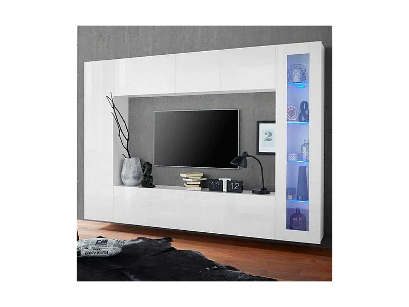 Parete attrezzata bianco lucido porta TV colonna vetrina pensile Joy Ledge