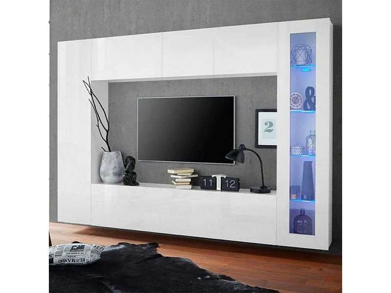 Parete attrezzata bianco lucido porta TV colonna vetrina pensile Joy Ledge