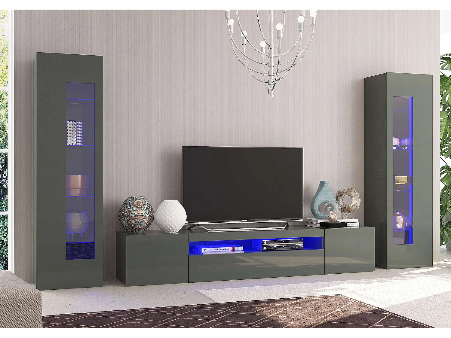 Meuble TV anthracite Brillant Salon avec 2 composants latéraux Daiquiri