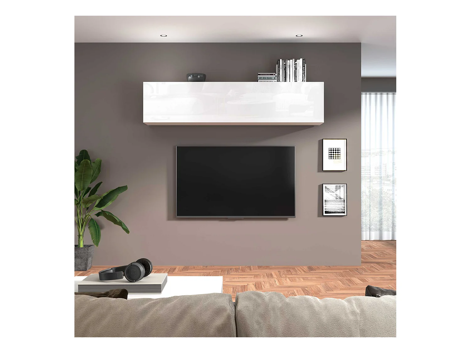 Placard suspendu 180 cm meuble salon blanc brillant 2 compartiments Joy Up